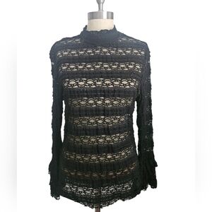 Black Sheer Stretch Lace Tiered Ruffle Mock Neck | SZ M